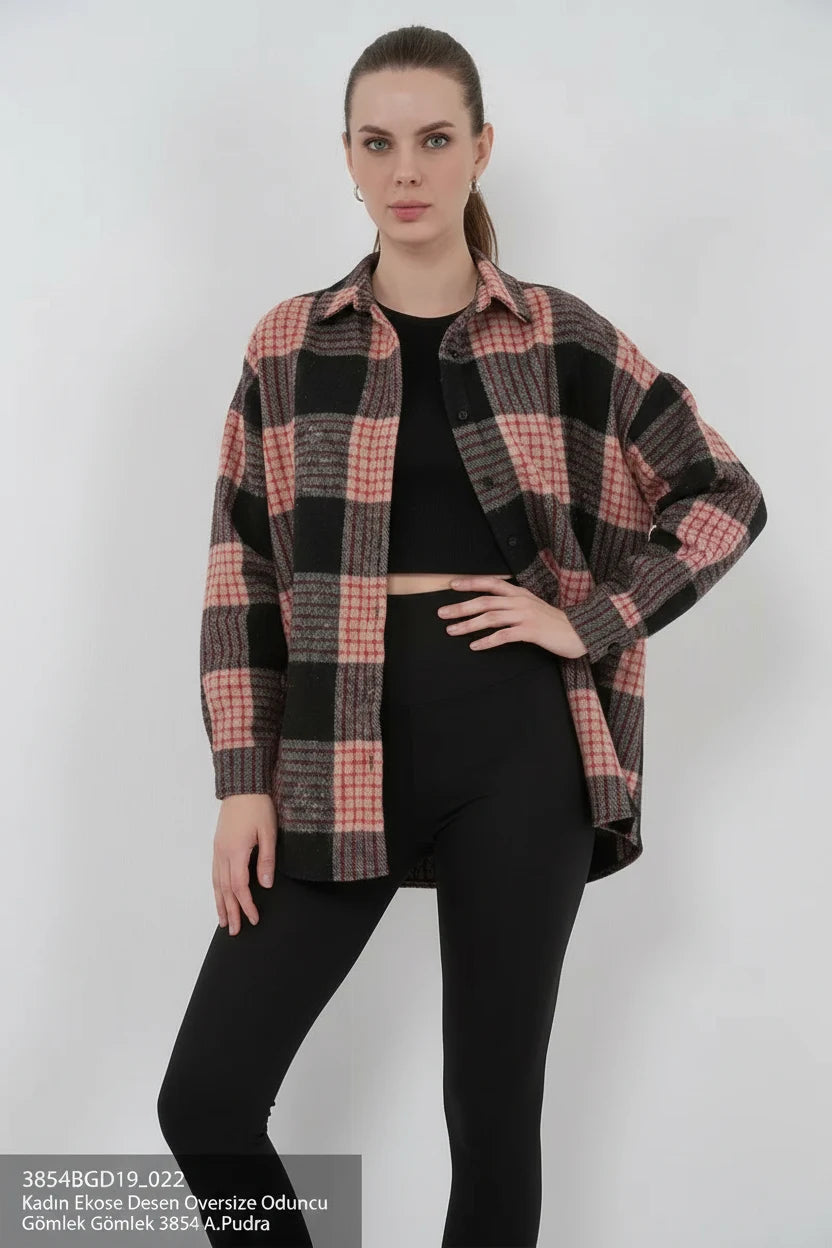 Kadın Oversize Ekose Desenli Pamuklu Gömlek