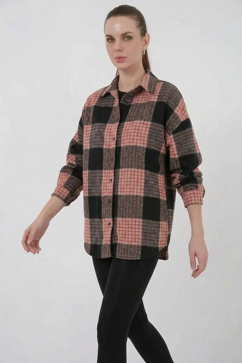Kadın Oversize Ekose Desenli Pamuklu Gömlek