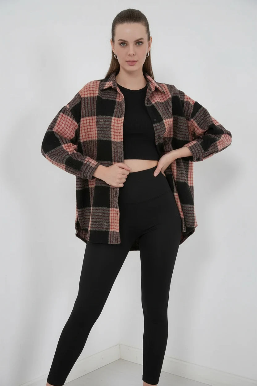 Kadın Oversize Ekose Desenli Pamuklu Gömlek