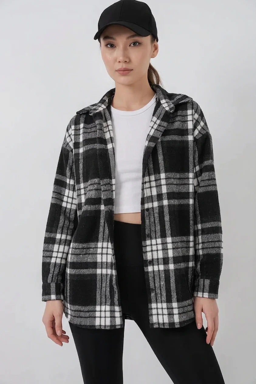 Kadın Oversize Ekose Desenli Pamuklu Gömlek