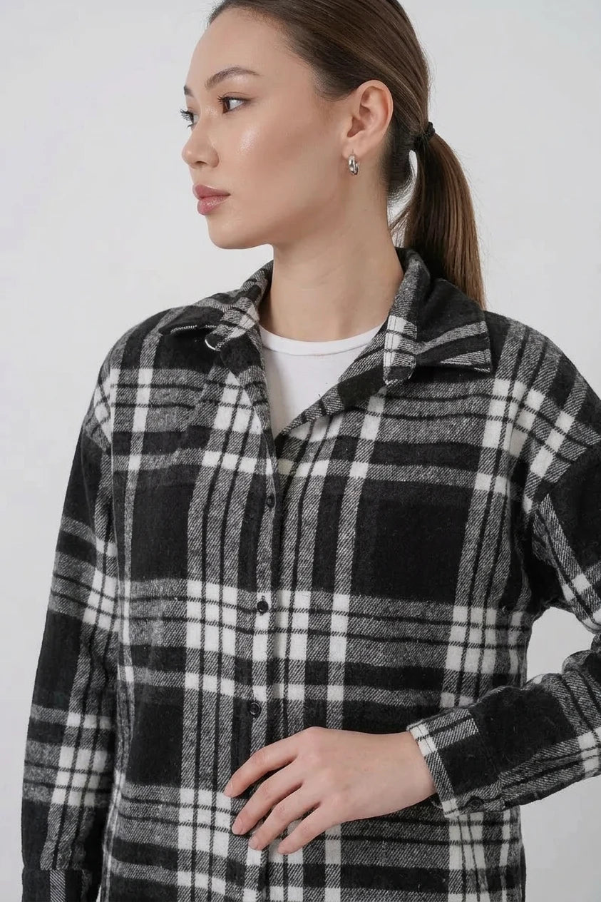 Kadın Oversize Ekose Desenli Pamuklu Gömlek