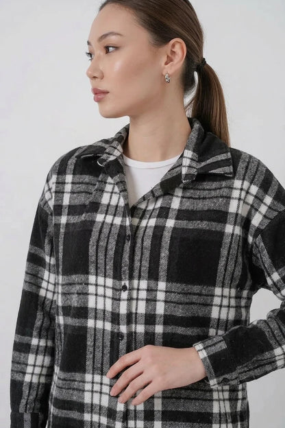 Kadın Oversize Ekose Desenli Pamuklu Gömlek