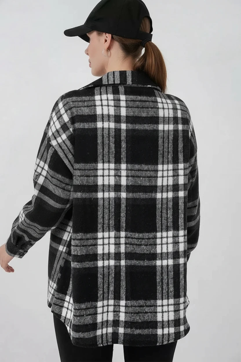 Kadın Oversize Ekose Desenli Pamuklu Gömlek