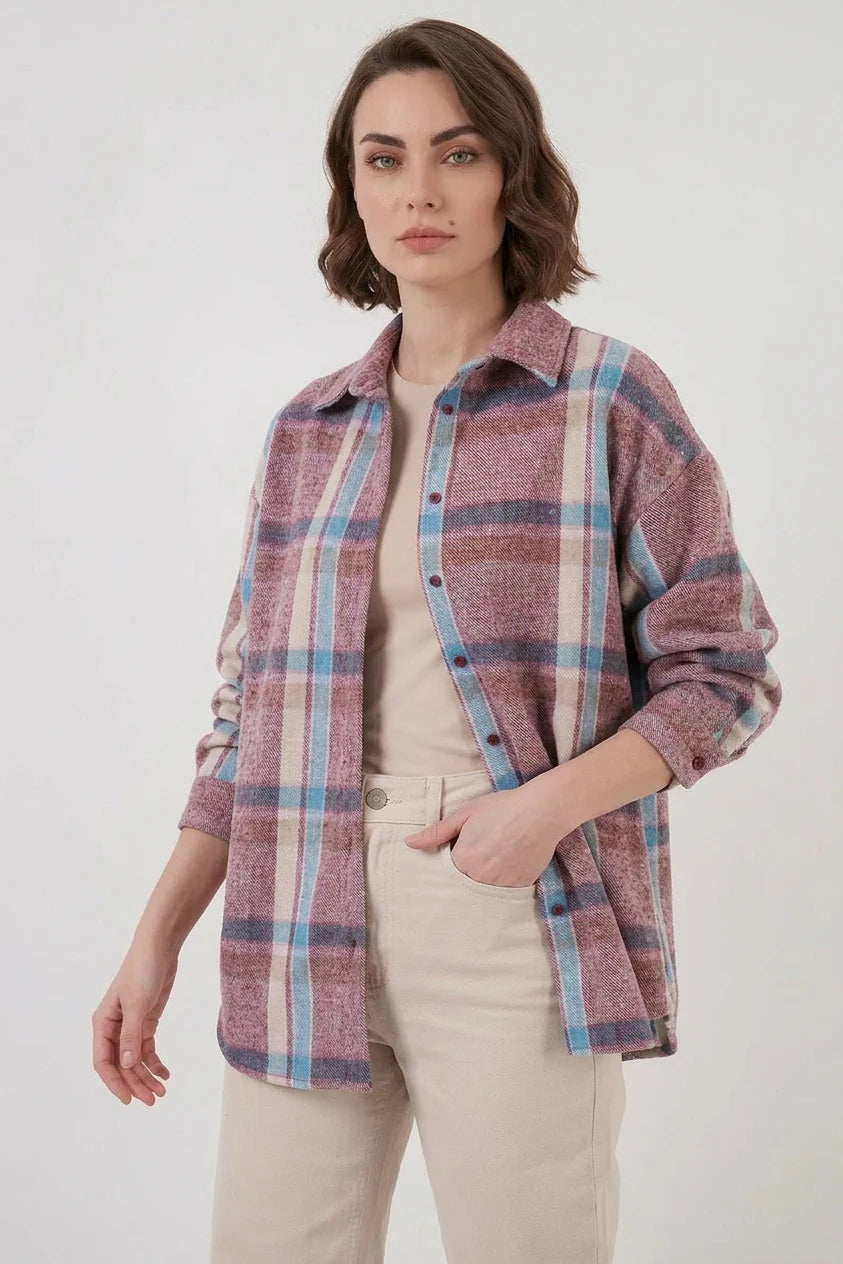 Kadın Oversize Ekose Desenli Pamuklu Gömlek