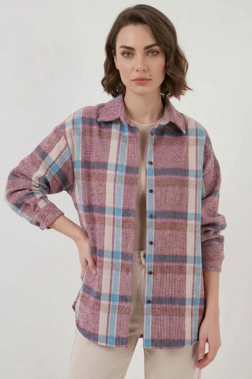 Kadın Oversize Ekose Desenli Pamuklu Gömlek
