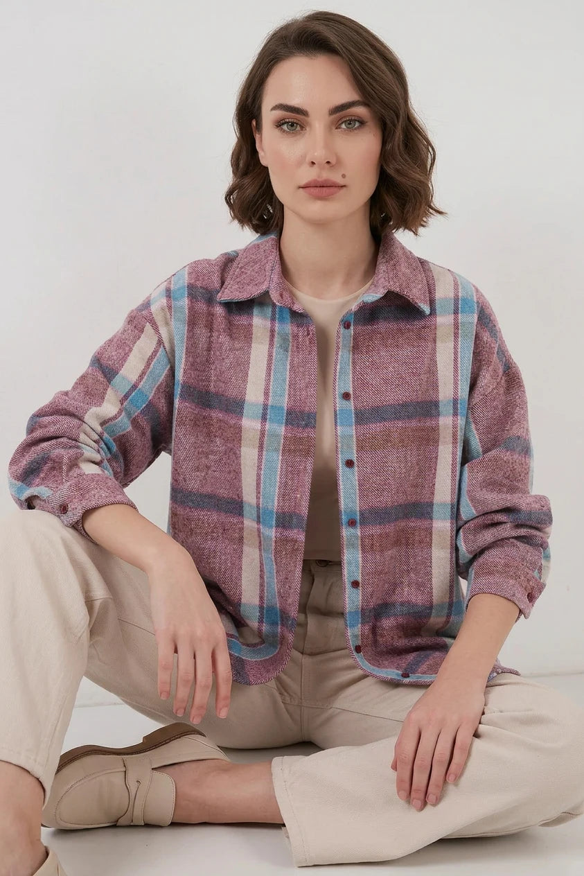 Kadın Oversize Ekose Desenli Pamuklu Gömlek