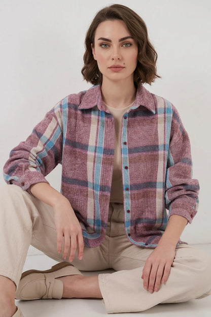Kadın Oversize Ekose Desenli Pamuklu Gömlek
