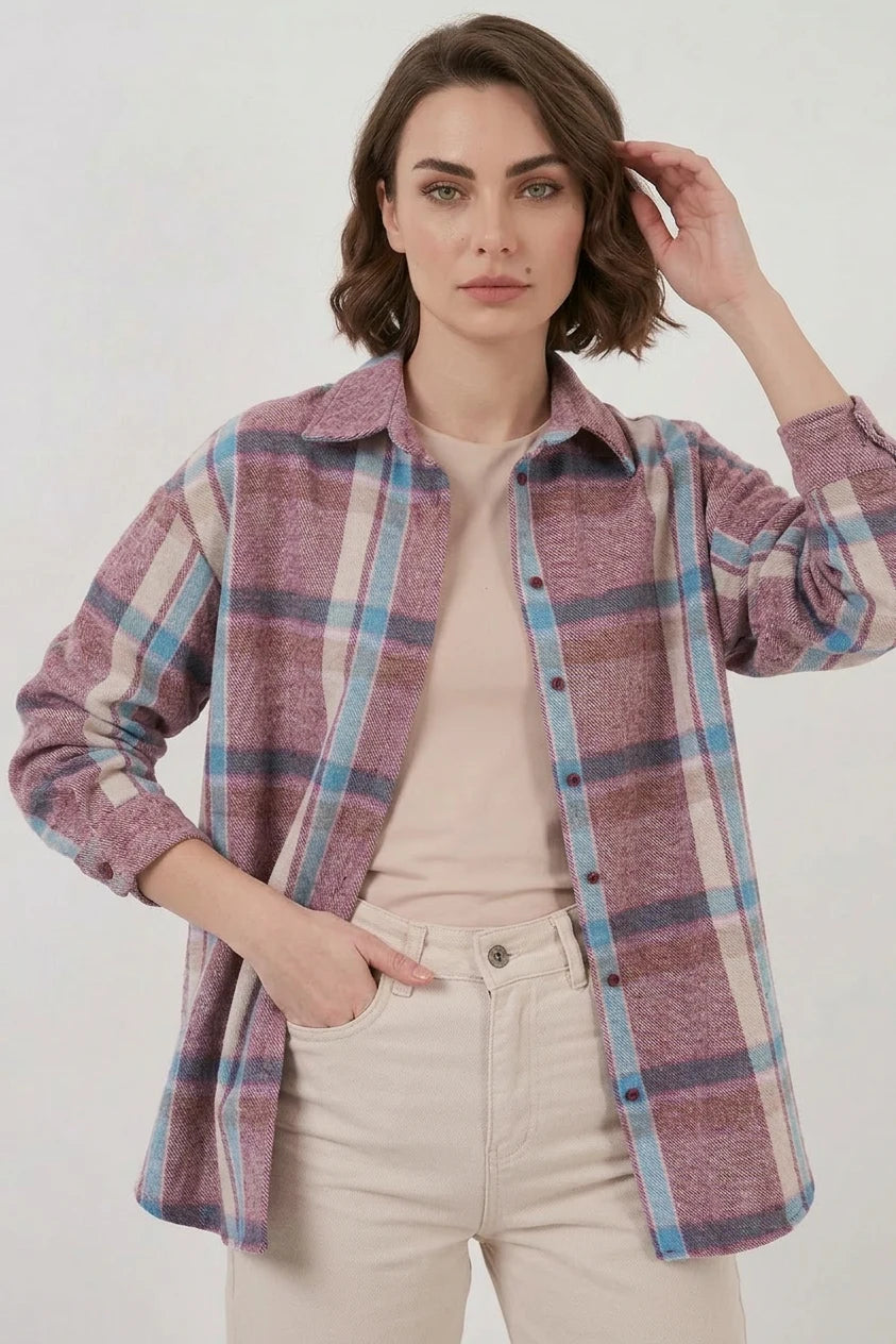 Kadın Oversize Ekose Desenli Pamuklu Gömlek