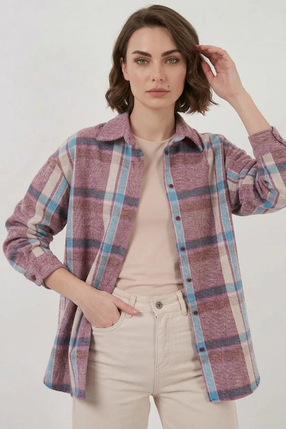 Kadın Oversize Ekose Desenli Pamuklu Gömlek