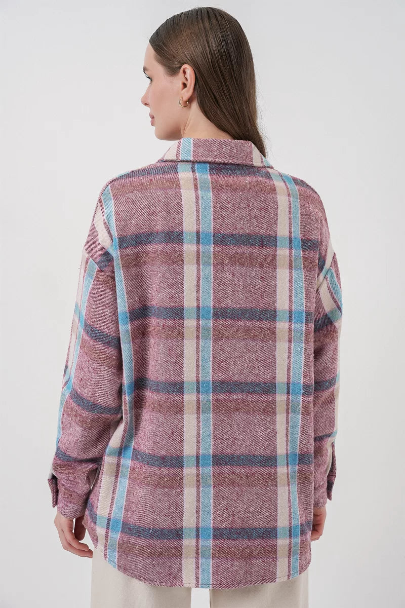 Kadın Oversize Ekose Desenli Pamuklu Gömlek