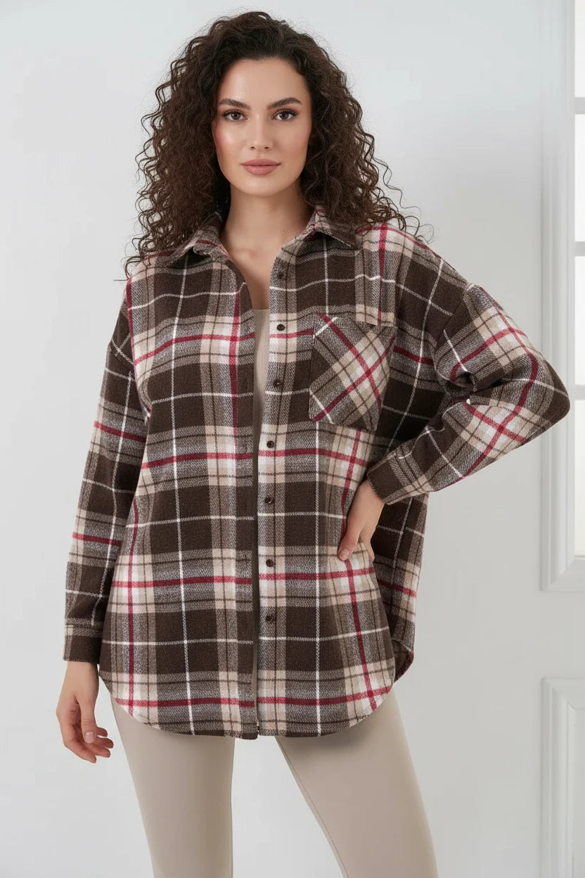 Kadın Oversize Ekose Desenli Pamuklu Gömlek