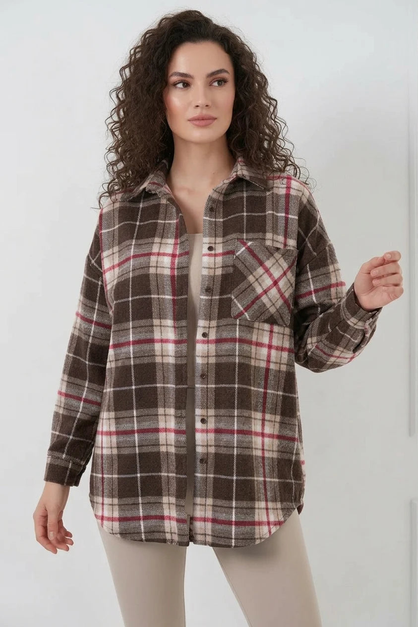 Kadın Oversize Ekose Desenli Pamuklu Gömlek