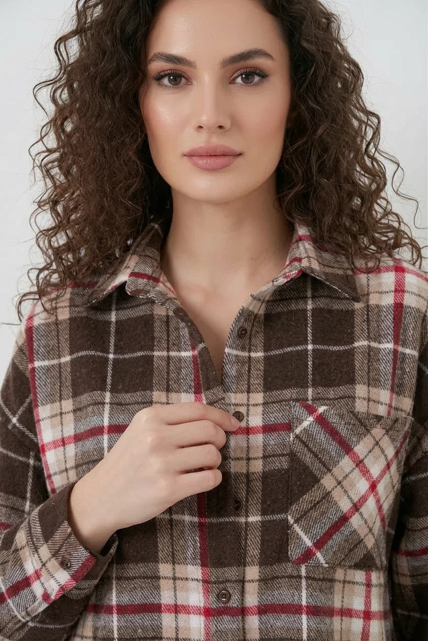 Kadın Oversize Ekose Desenli Pamuklu Gömlek