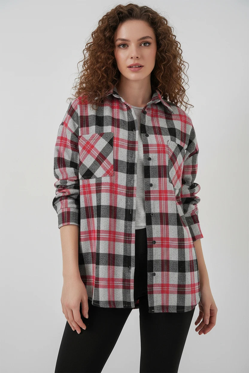 Kadın Oversize Ekose Desenli Pamuklu Gömlek