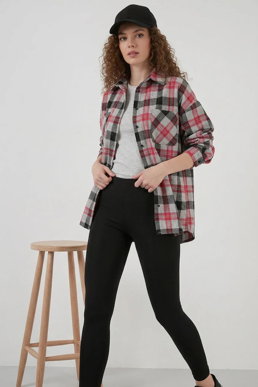Kadın Oversize Ekose Desenli Pamuklu Gömlek