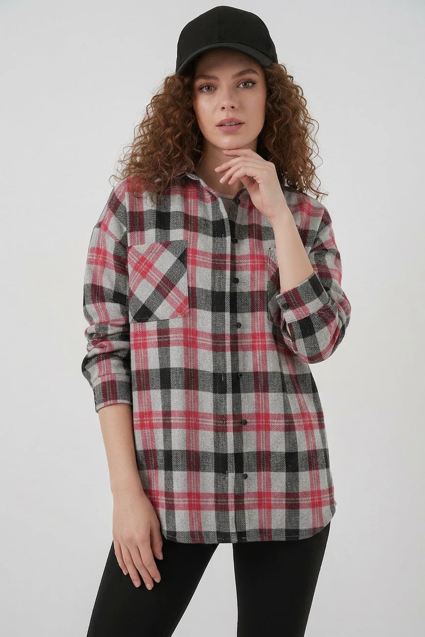 Kadın Oversize Ekose Desenli Pamuklu Gömlek
