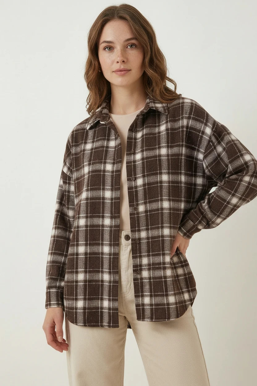 Kadın Oversize Ekose Desenli Pamuklu Gömlek