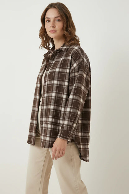 Kadın Oversize Ekose Desenli Pamuklu Gömlek