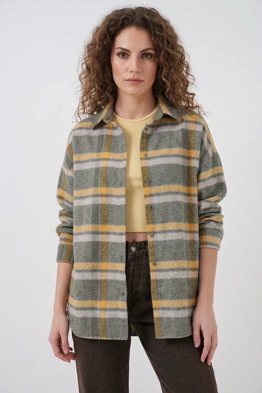 Kadın Oversize Ekose Desenli Pamuklu Gömlek