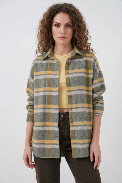 Kadın Oversize Ekose Desenli Pamuklu Gömlek