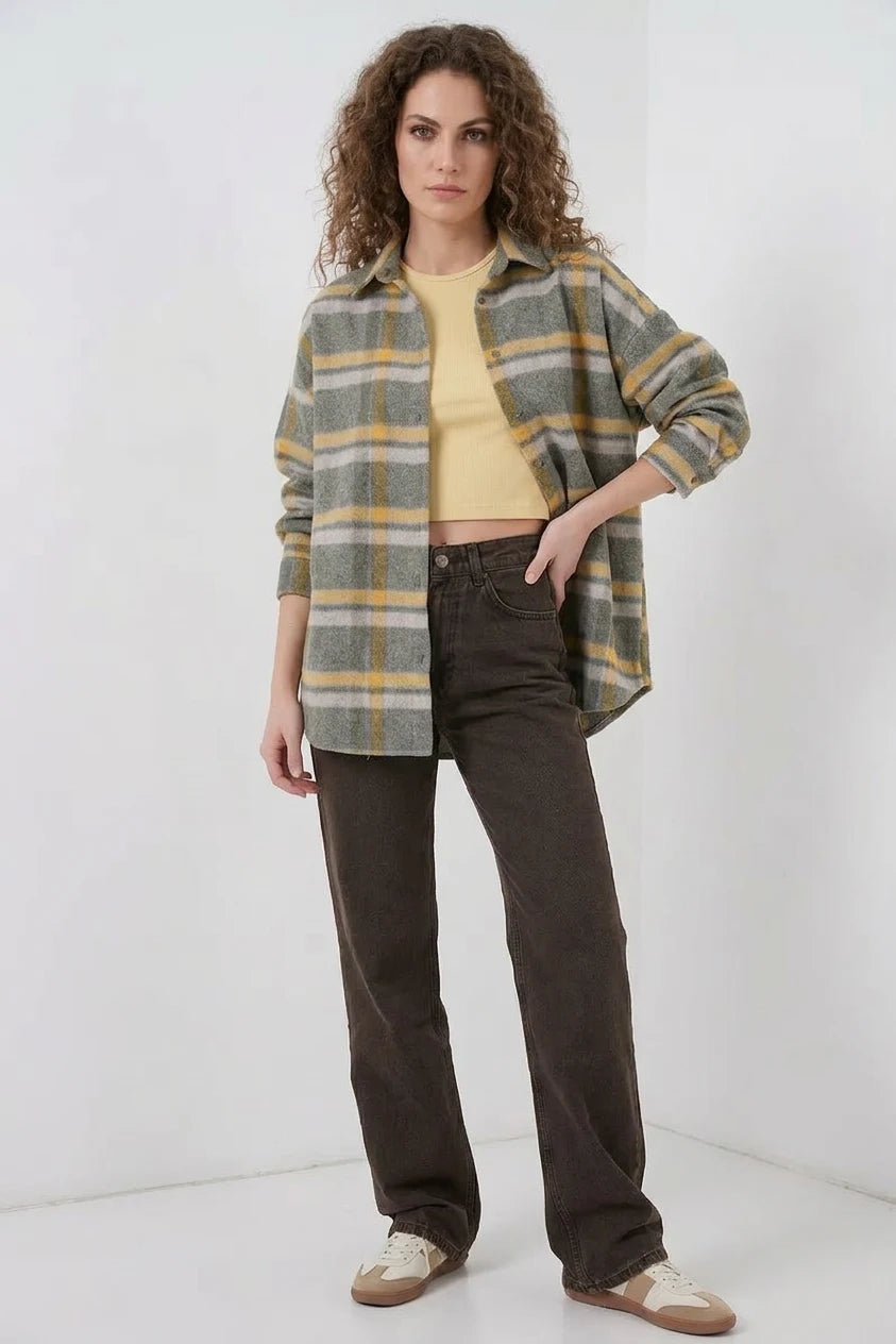 Kadın Oversize Ekose Desenli Pamuklu Gömlek