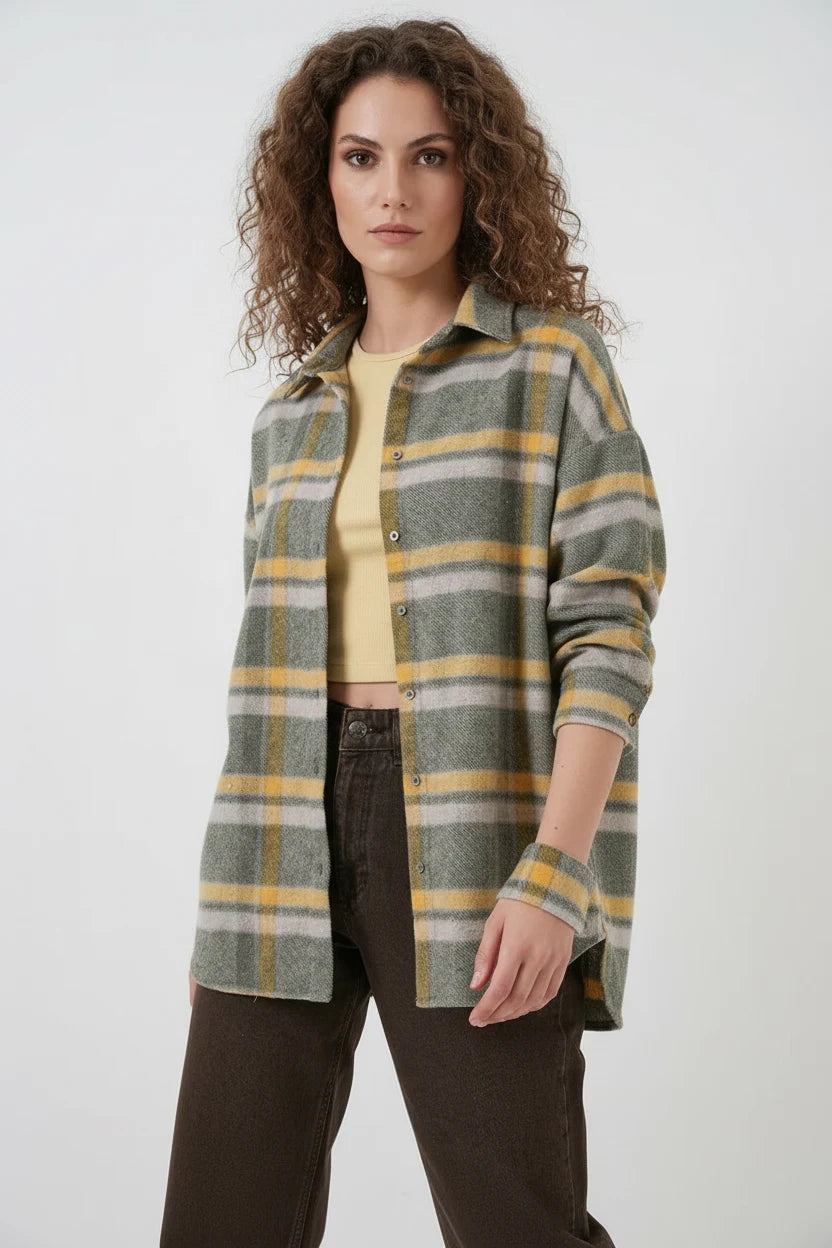 Kadın Oversize Ekose Desenli Pamuklu Gömlek