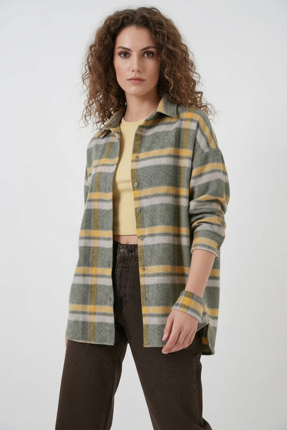 Kadın Oversize Ekose Desenli Pamuklu Gömlek