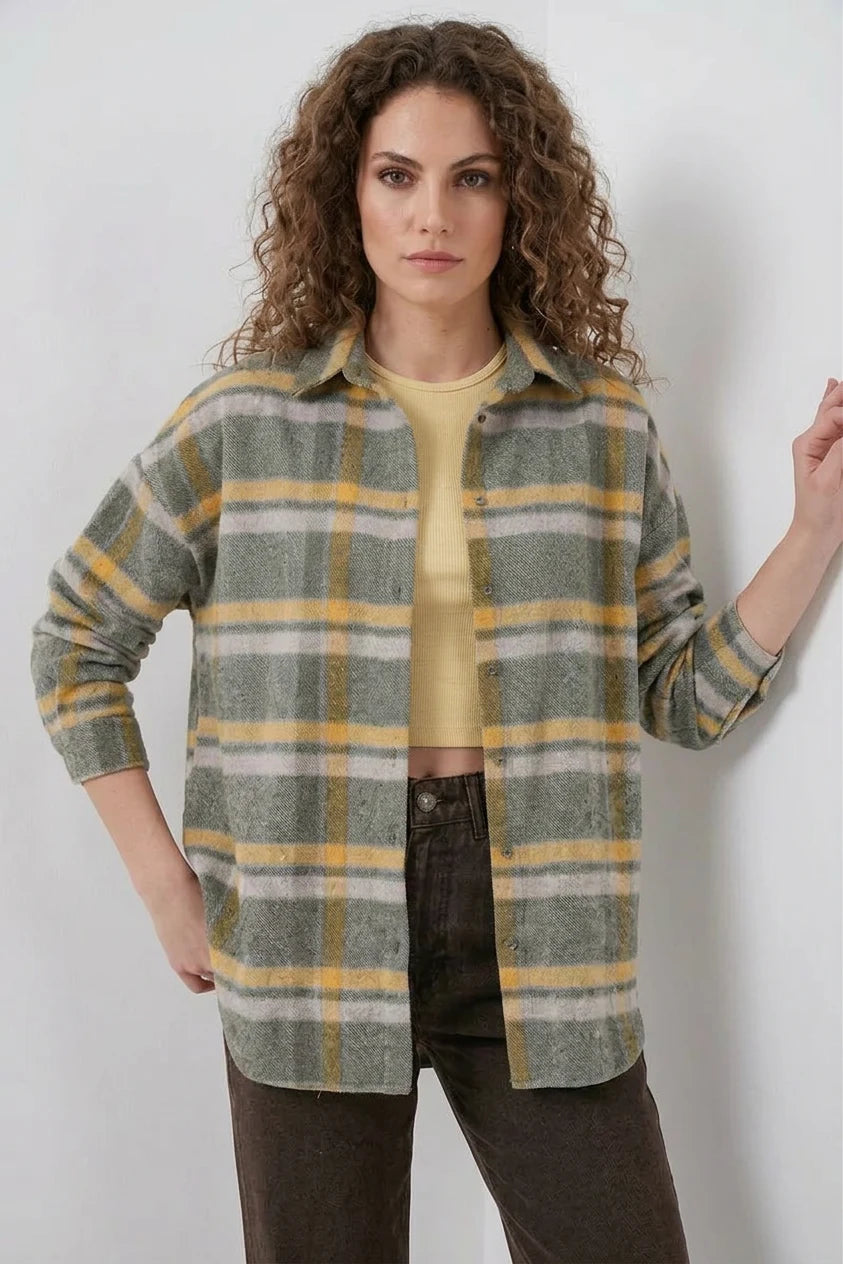 Kadın Oversize Ekose Desenli Pamuklu Gömlek