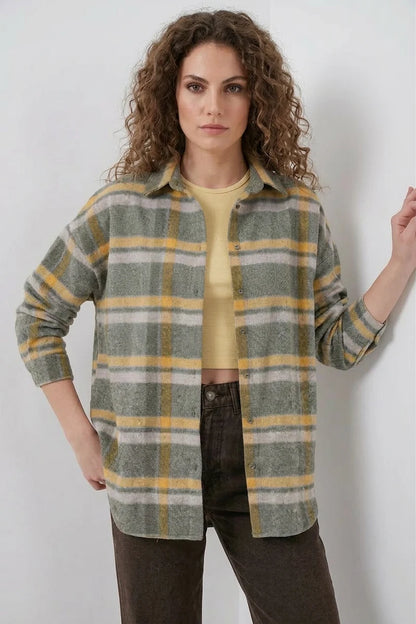 Kadın Oversize Ekose Desenli Pamuklu Gömlek