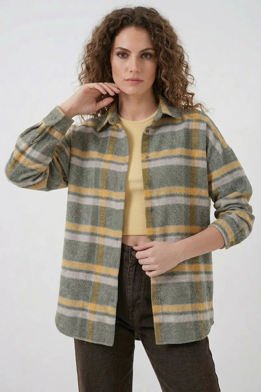 Kadın Oversize Ekose Desenli Pamuklu Gömlek