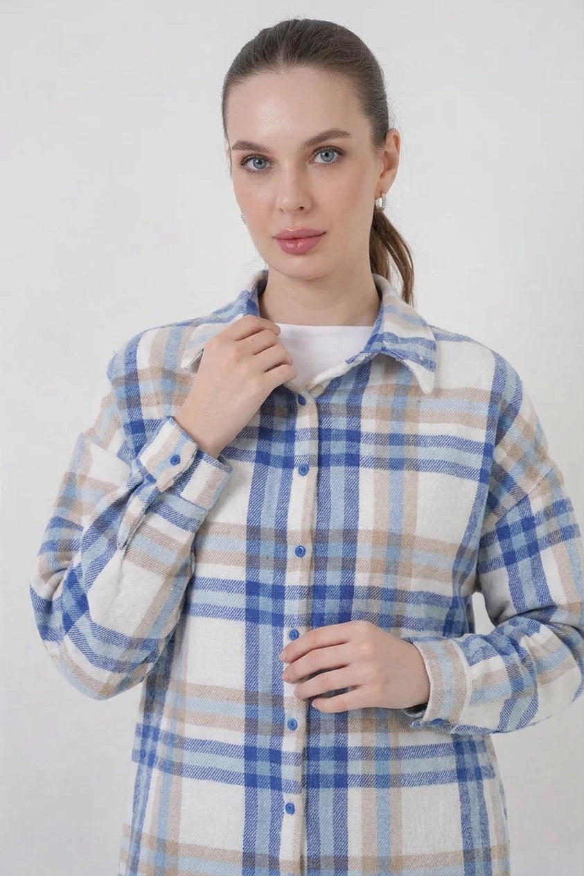 Kadın Oversize Ekose Desenli Pamuklu Gömlek
