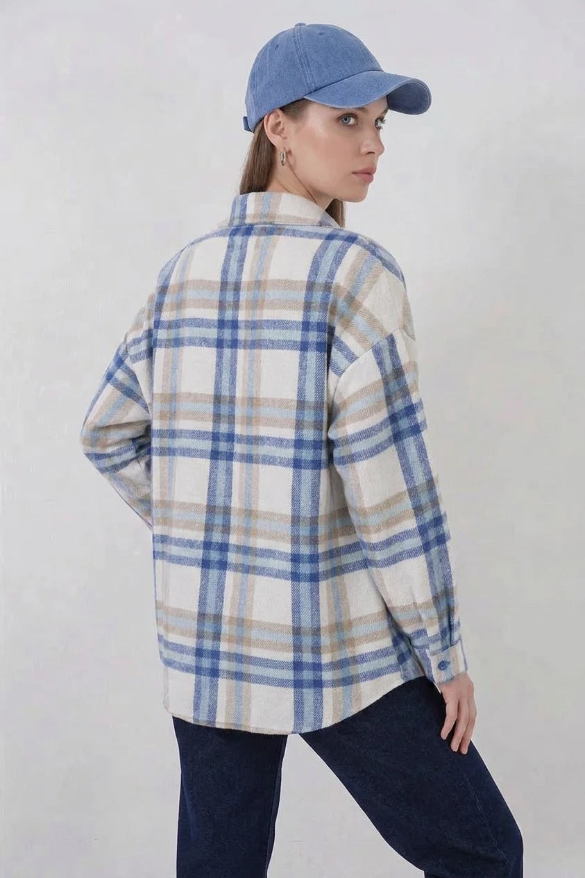 Kadın Oversize Ekose Desenli Pamuklu Gömlek