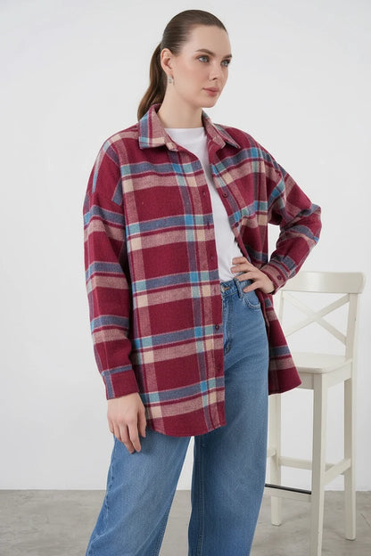 Kadın Oversize Ekose Desenli Pamuklu Gömlek