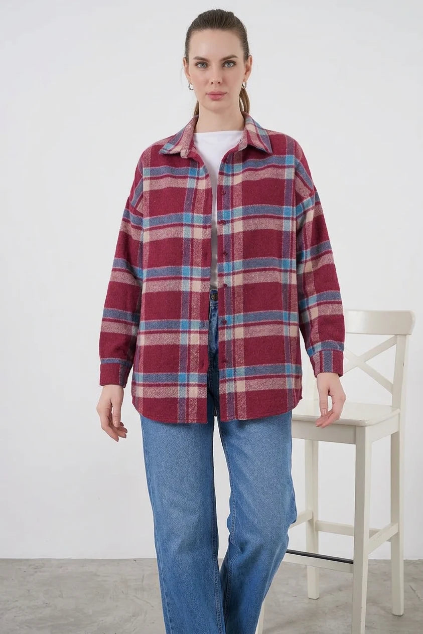 Kadın Oversize Ekose Desenli Pamuklu Gömlek