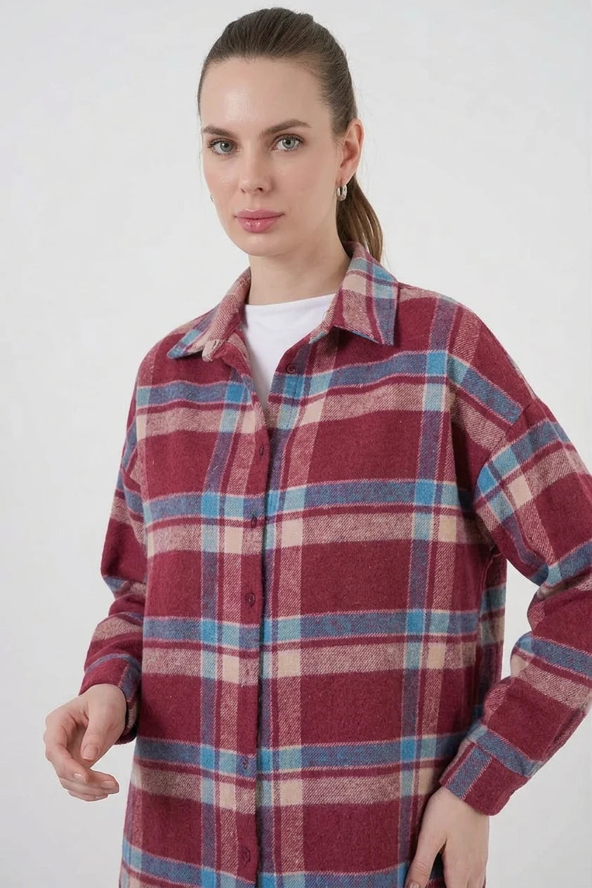 Kadın Oversize Ekose Desenli Pamuklu Gömlek