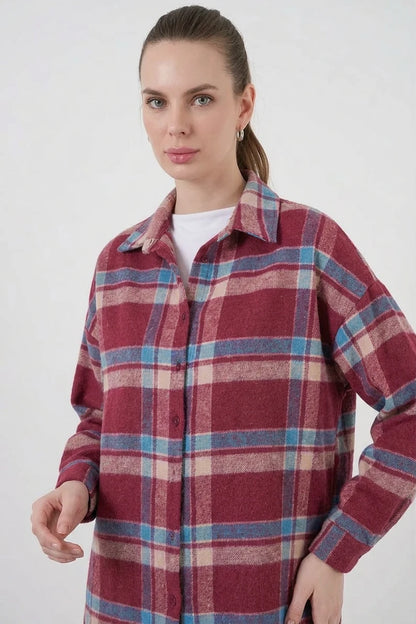 Kadın Oversize Ekose Desenli Pamuklu Gömlek