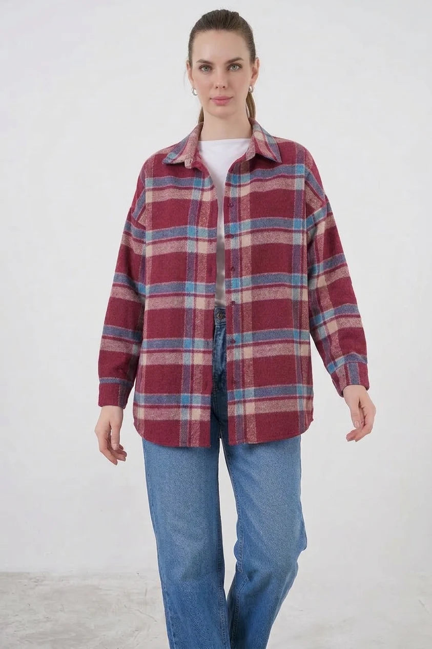 Kadın Oversize Ekose Desenli Pamuklu Gömlek