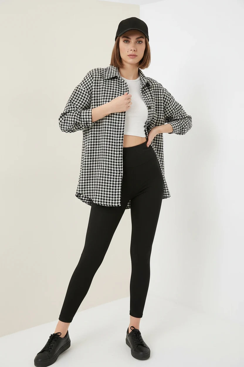 Kadın Oversize Kazayağı Desen Pamuklu Siyah Beyaz Gömlek