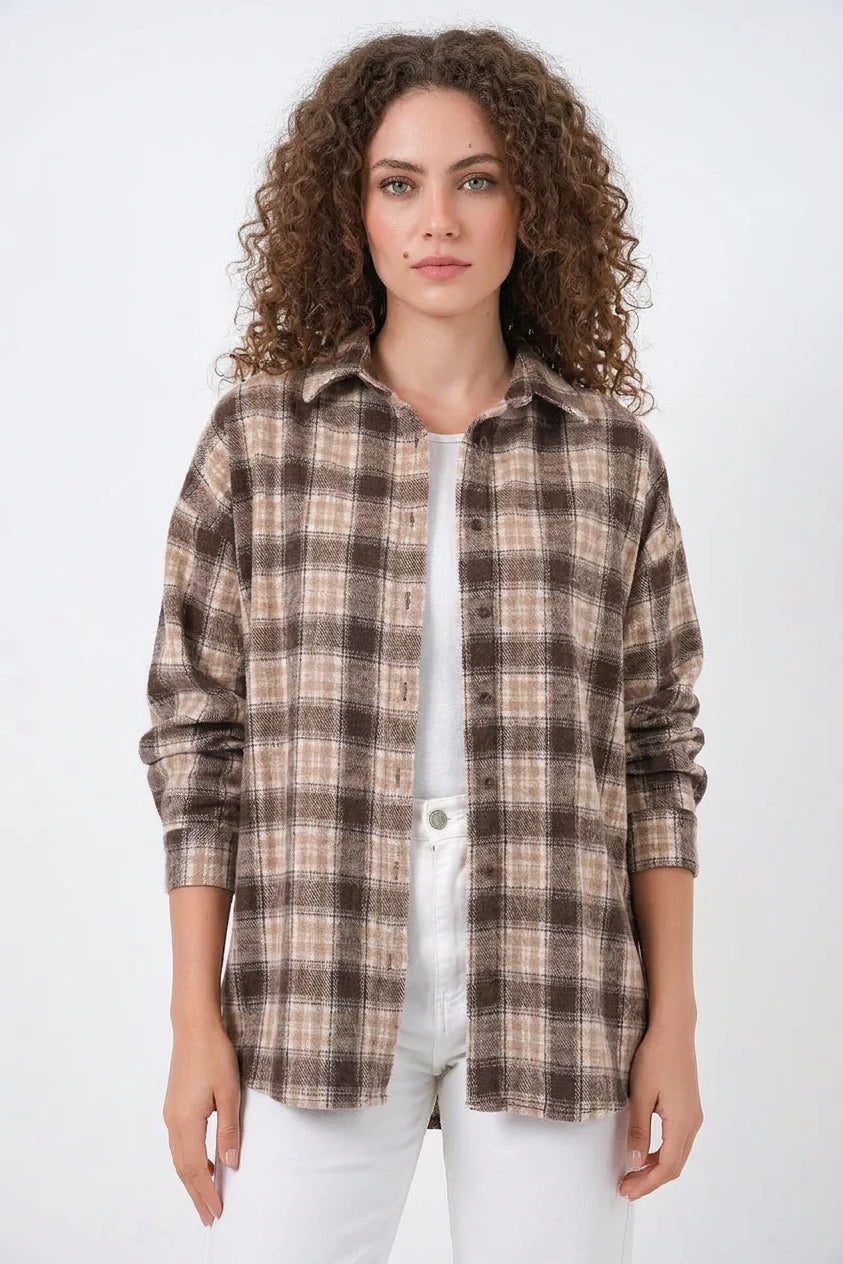 Kadın Oversize Ekose Desenli Pamuklu Gömlek