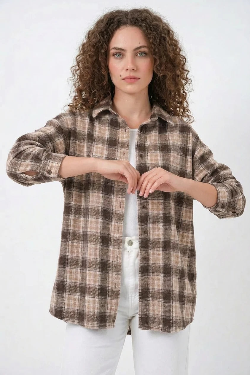 Kadın Oversize Ekose Desenli Pamuklu Gömlek