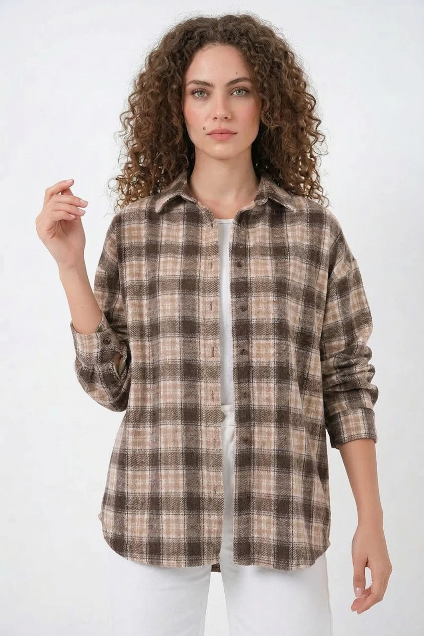 Kadın Oversize Ekose Desenli Pamuklu Gömlek