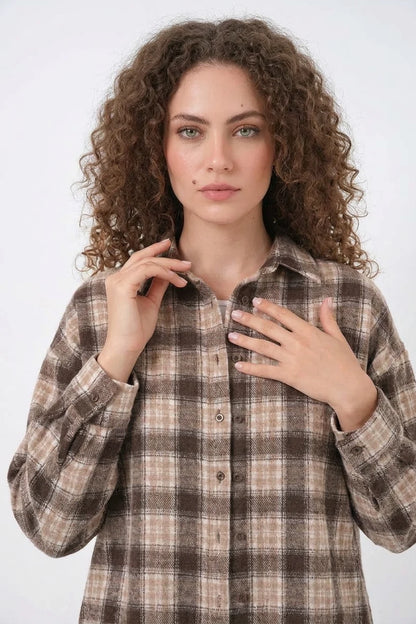 Kadın Oversize Ekose Desenli Pamuklu Gömlek