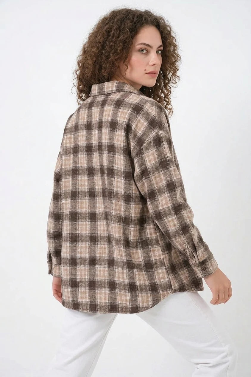 Kadın Oversize Ekose Desenli Pamuklu Gömlek