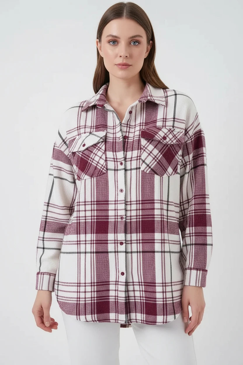 Kadın Oversize Ekose Desen Pamuklu Gömlek
