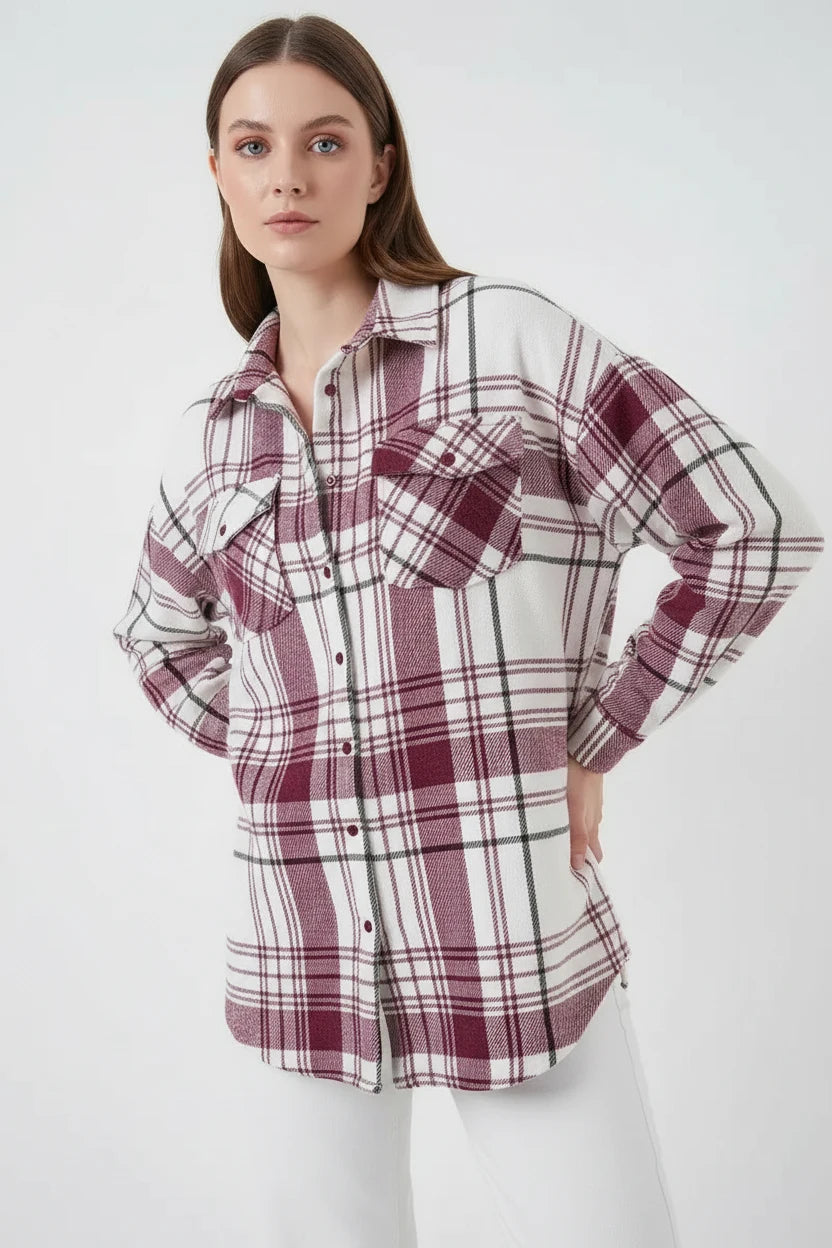 Kadın Oversize Ekose Desen Pamuklu Gömlek