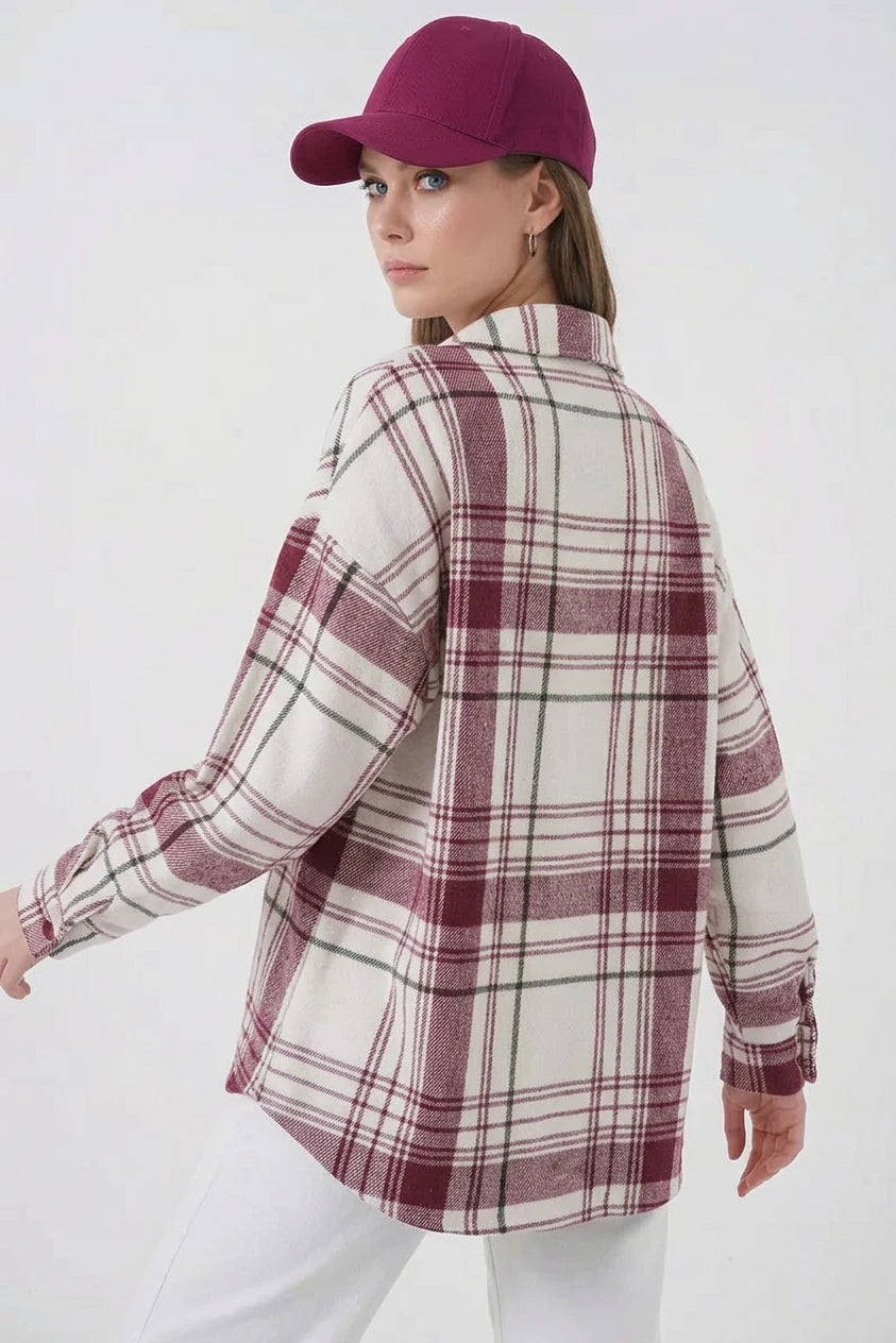 Kadın Oversize Ekose Desen Pamuklu Gömlek