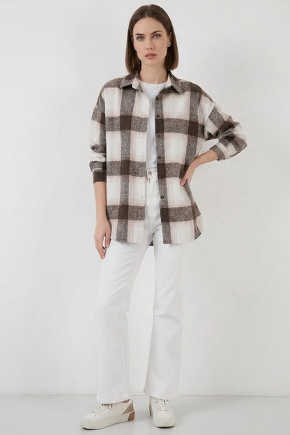 Kadın Oversize Ekose Desenli Pamuklu Gömlek