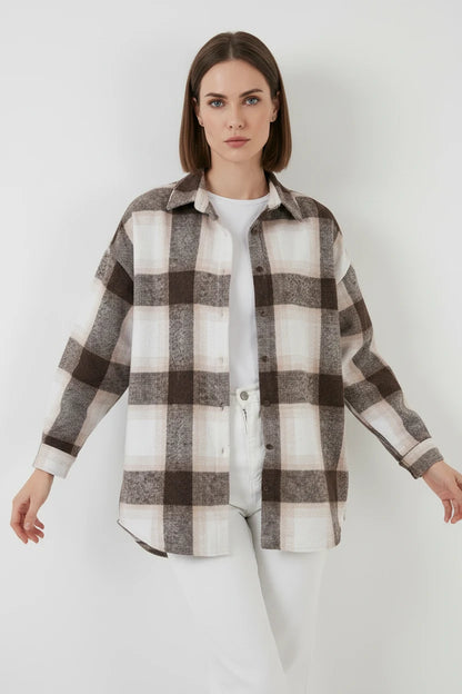 Kadın Oversize Ekose Desenli Pamuklu Gömlek