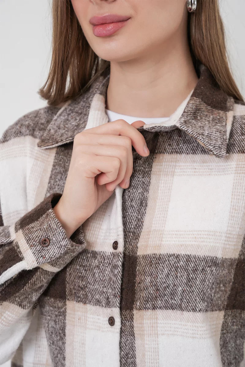Kadın Oversize Ekose Desenli Pamuklu Gömlek