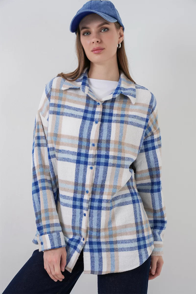 Kadın Oversize Ekose Desenli Pamuklu Gömlek